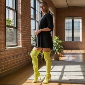 Neon Yellow Thigh-High Boots